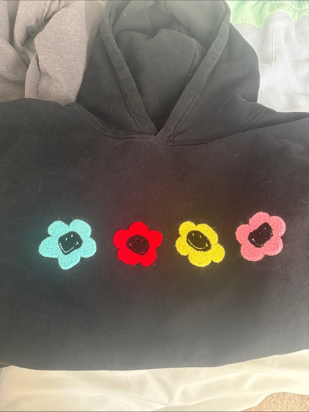 Kids Black Hoodie with Colorful Smiley Flowers